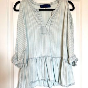 Francesca’s Open Shoulder Striped Peplum Top, Light Blue/White